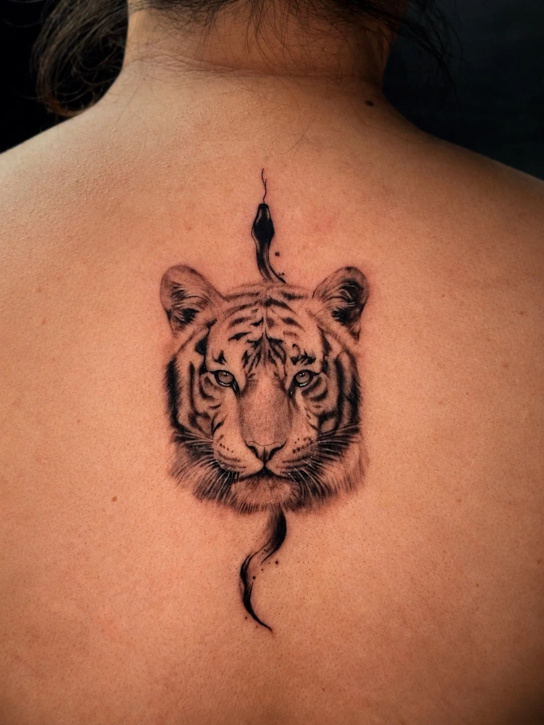 Fein schattiertes, realitätsnahes Tigerkopf-Tattoo mit ornamental auslaufenden Linien auf dem Rücken – Arbeit von Merci, Skin City Tattoo.